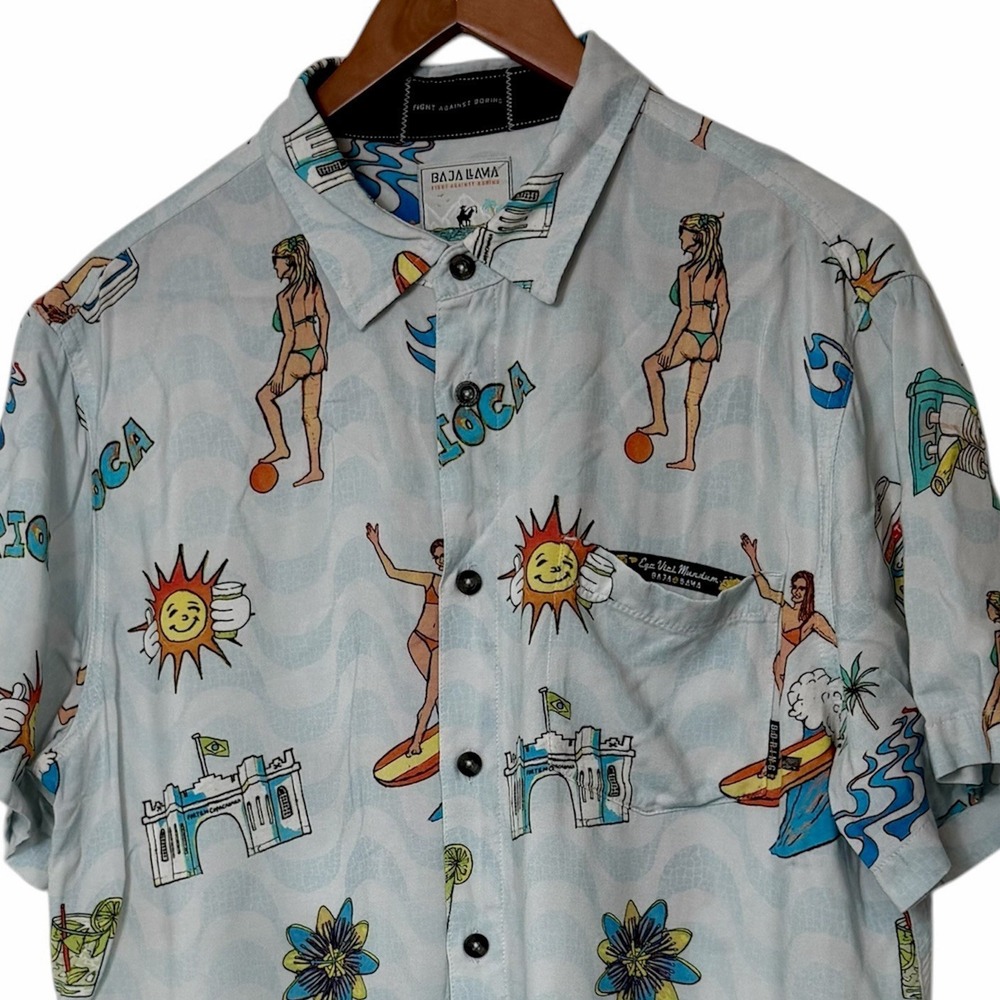 Baja Llama Shirt Mens Large Rio Carioca Print Short Sleeve Button Up Side Pocket